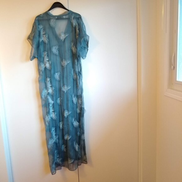 ZARA blue Elegant Sheer Embroidered Floral-Lace vneck dress NWOT - Picture 2 of 8